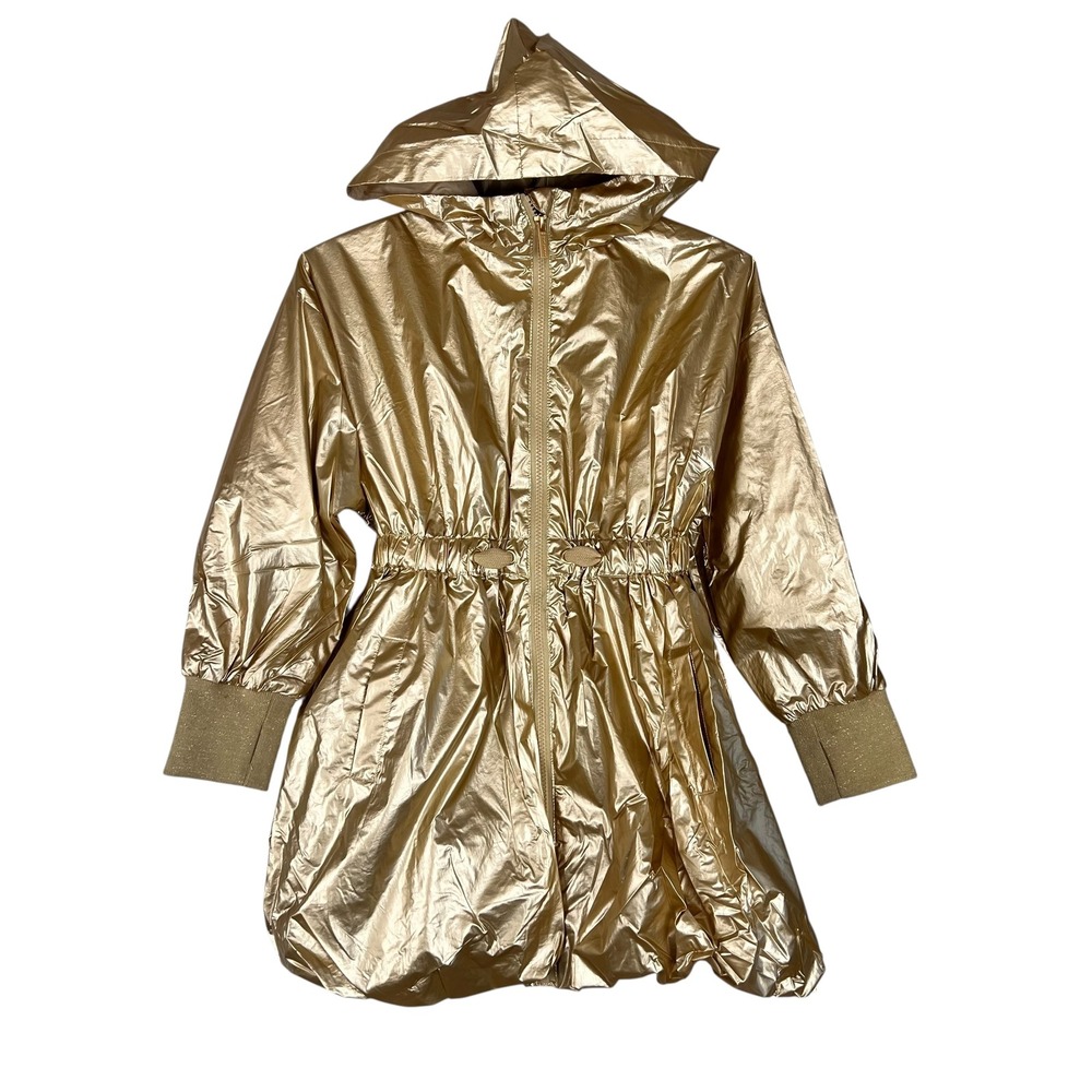 Habitual Girl Gold Metallic Hooded Windbreaker Jacket Size 7/8 Bubble Hem